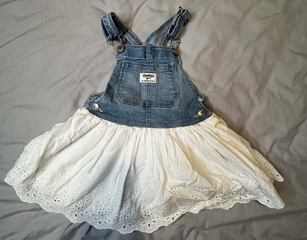 OshKosh B'Gosh White Eyelet and Denim Jean Jumper Overall Dress Size 12 Months